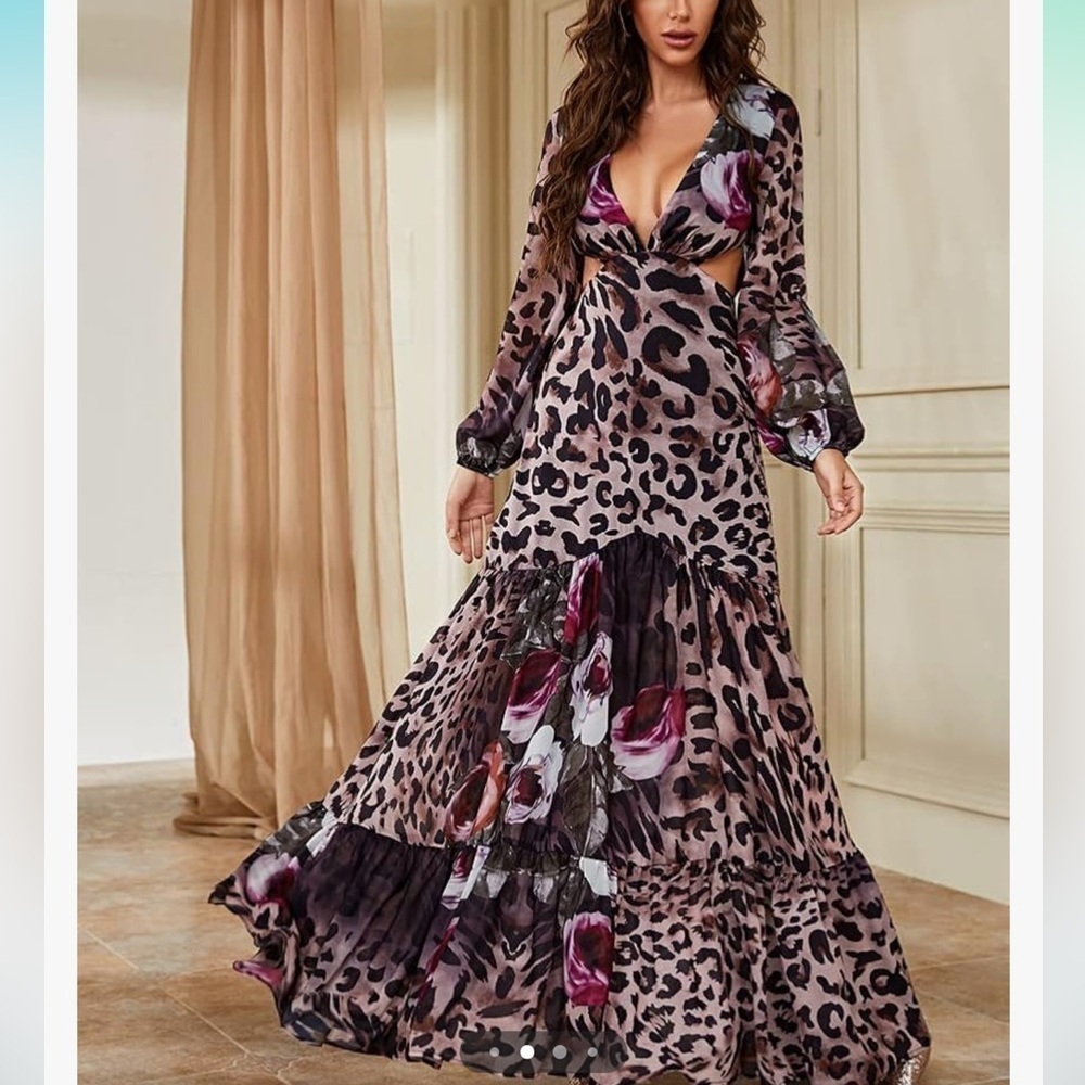 Giffniseti Leopard Floral Print Long Sleeve Ruffle Hem Maxi Dress NWT - Picture 2 of 16